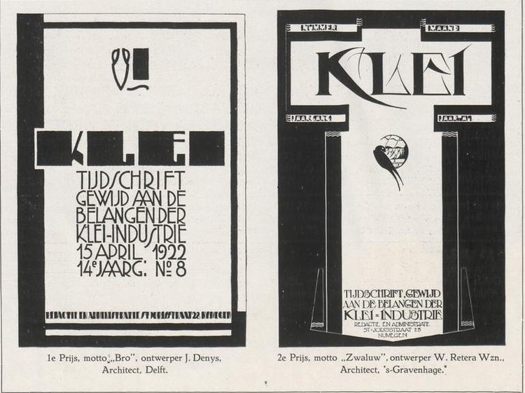 De twee winnaars van de prijsvraag van het tijdschrift Klei, bron:  Klei; orgaan der Vereeniging van Nederlandsche Baksteenfabrikanten, jrg 14, 1922, no. 11, 01-06-1922  