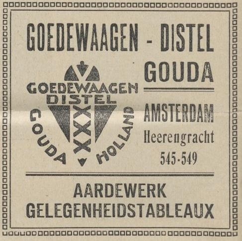 Advertentie voor ‘Goedewaagen – Distel’ Gouda, bron: het NIW van 4 augustus 1925  
