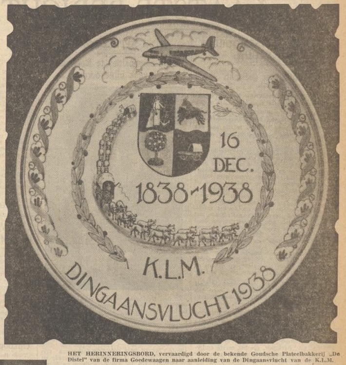 Herinneringsbord KLM gemaakt door De Distel – Goedewaagen 1938, bron: Rotterdamsch Nieuwsblad van 5 dec. 1938  