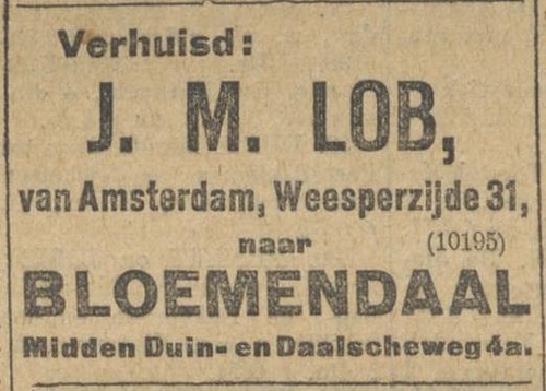 Het verhuisbericht van het gezin Lob naar Bloemendaal, met het oude en het nieuw adres, bron: het Alg. handelsblad van 17 maart 1914.  