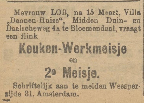 Mevrouw Liberta Lob doet een oproep in de Nieuwe Haarlemsche Courant 10 februari 1914, ze is op zoek naar personeel.   
