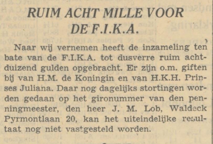De F.I.K.A. en haar penningmeester J.M. Lob, bron: Alg. Handelsblad van 2 april 1940  