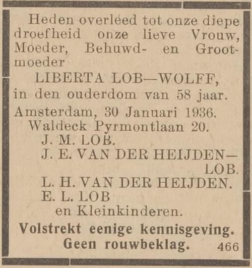 Overlijdensbericht Liberta Lob – Wolff, bron: Centraal blad voor Israëlieten in Nederland van 06-02-1936  
