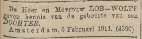 Familiebericht, geboorte dochter Johanna Eleonora, bron: Algemeen Handelsblad van 6 feb. 1911  