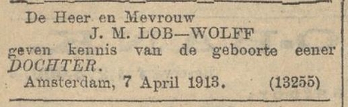 Familiebericht, geboorte dochter Ella Liberta, bron: Algemeen Handelsblad van7 april 1913.    