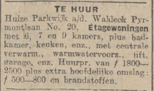 Advertentie voor woningen op adres Waldeck Pyrmontlaan 20, bron: Het Algemeen Handelsblad van 24 feb. 1924  