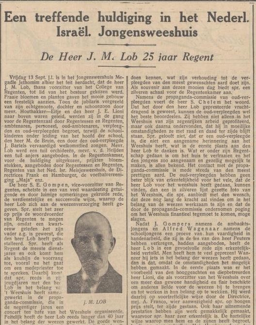 Jacobus Lob 25 jaar betrokken bij het Jongensweeshuis Megadle Jethomim, bron: het NIW van 20-09-1935  