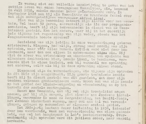Het fragment (dl. 1) van de toespraak / rede van S.E. Gompen na het overlijden van Jacobus Lob. Bron: Notulenboek Megadle Jethomim, SAA.  