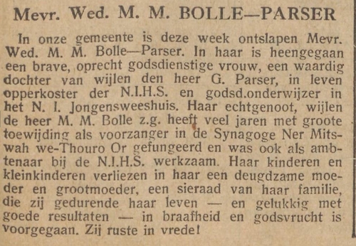Overlijden van de weduwe Bolle – Parser, bron: het NIW van 20 april 1934   