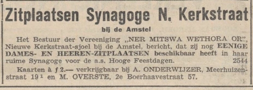 Advertentie over de zitplaatsen in de synagoge in de Nieuwe Kerkstraat, bron: het NIW van 25 aug. 1939  