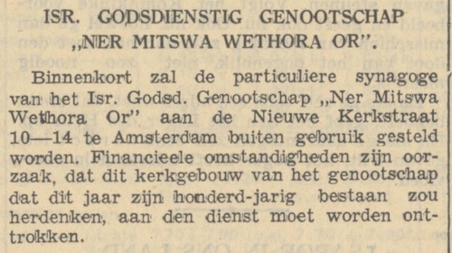 Het Alg. Handelsblad van 10 jan. 1939 kondigt mogelijk einde synagoge en vereniging aan.   