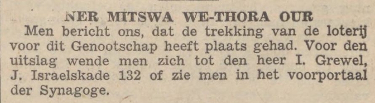 Bericht over loterij met naam van I. Grewel, bron: NIW van 11 maart 1938  