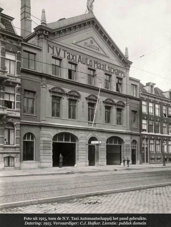 In 1914 werd Gebouw Plancius verbouwd tot taxigarage, onder leiding van architect Harry Elte. Foto uit 1915, bron: C.J. Hofker, Amsterdam op de Kaart  