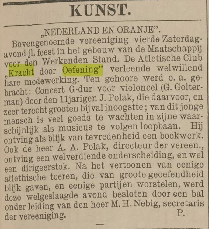 De vermelding van een optreden van K.D.O. bij de vereniging Nederland en Oranje, bron: Centraal Blad voor Isr. in Ned. van 8 november 1895  