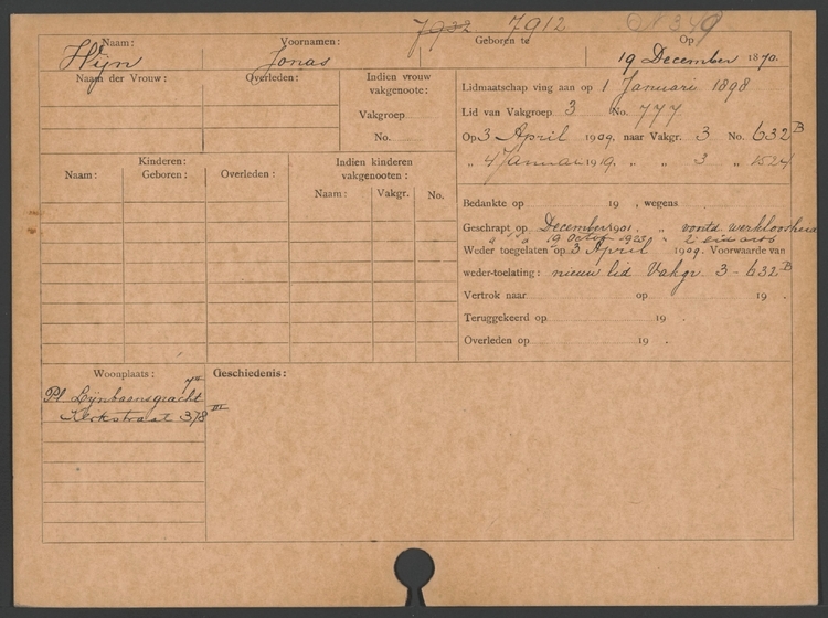 Lidmaatschapskaart (voorkant) van Jonas Wijn, bron: archief ANDB via het IISG.  