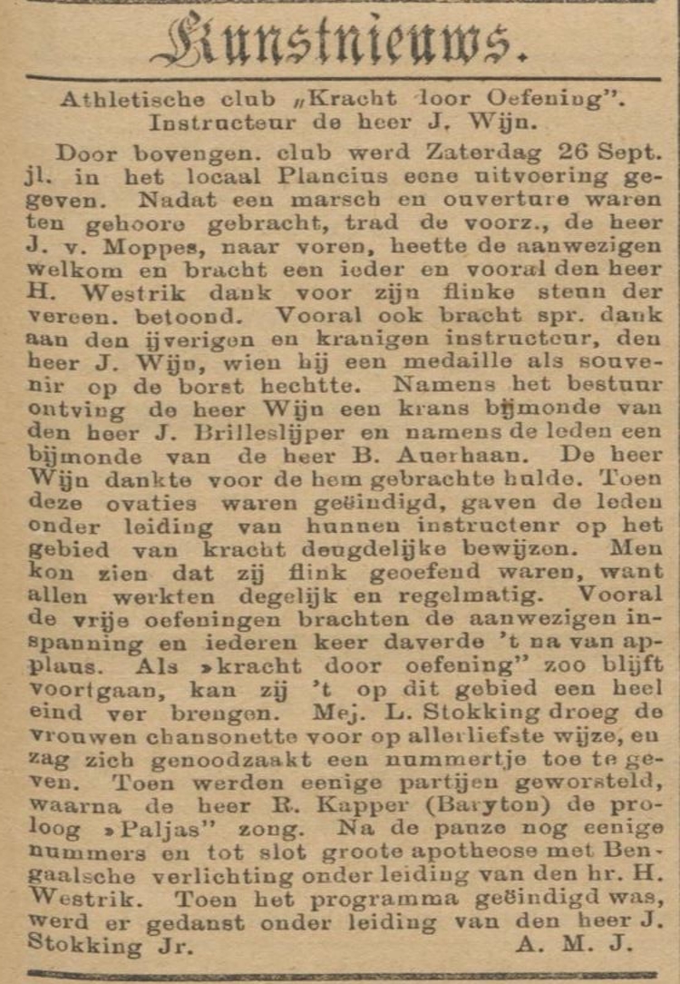 Feestavond bij K.D.O. met huldiging van de instructeur Jonas Wijn, bron: Het NIW van 2 oktober 1896  