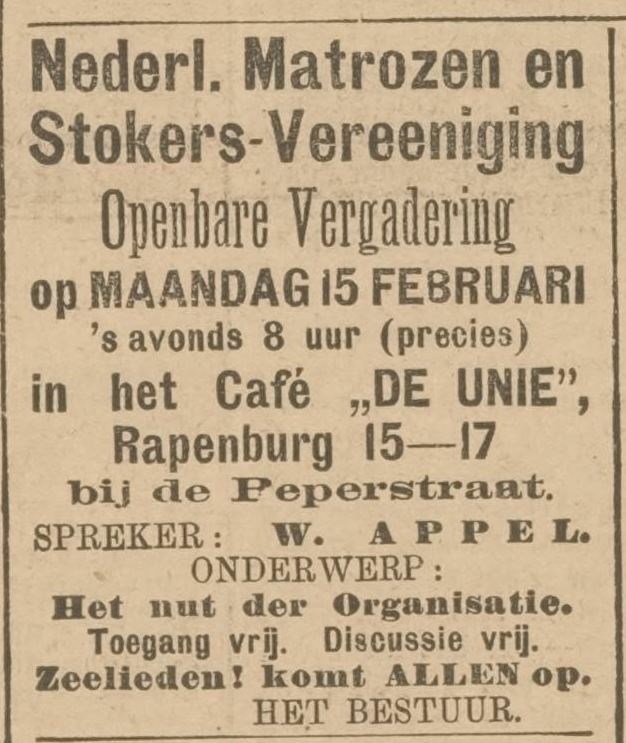 Advertentie voor het Café Unie op adres Rapenburg 15 – 17, bron: Het Volksdagblad van 15 februari 1897  