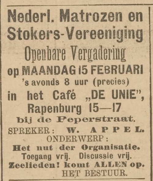 Advertentie voor het Café Unie op adres Rapenburg 15 – 17, bron: Het Volksdagblad van 15 februari 1897  