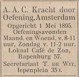 Advertentie met het oefenlokaal van K.D.O. op adres Rapenburg 57. Bron: Krachtsport, orgaan Ned. Krachtsportbond, jrg 5, 1925, no. 85  