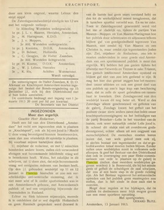 Pagina met de ingezonden brief over onsportiviteit, bron: Krachtsport; worstelen, gewichtheffen, touwtrekken - maandblad van den Nederlandschen Krachtbond, jrg 2, 1913, no. 1, 01-01-1913  