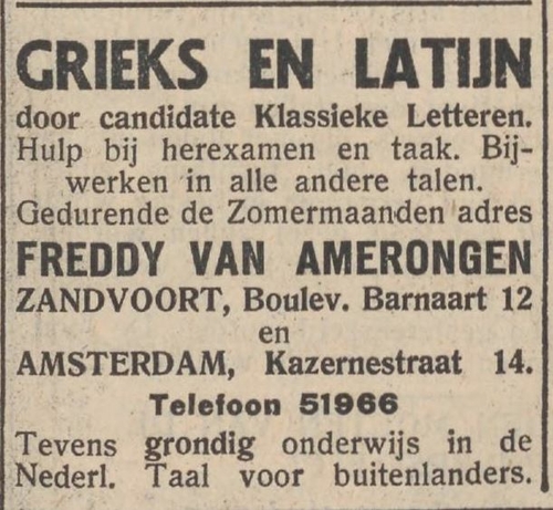 Freddy van Amerongen biedt bijlessen aan, bron het NIW van 12 juli 1935  