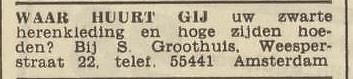 Advertentie voor Groothuis op de Weesperstraat 22 waar je zwarte herenkleding kon huren, bron: Het Volk van 23 juli 1937  