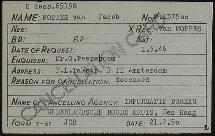 Kaart van het Rode Kruis, en zgn. cancellation card m.b.t. Jacob van Moppes, bron: Arolsen Archives  