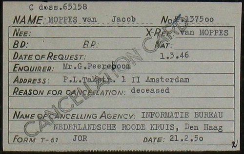 Kaart van het Rode Kruis, en zgn. cancellation card m.b.t. Jacob van Moppes, bron: Arolsen Archives  