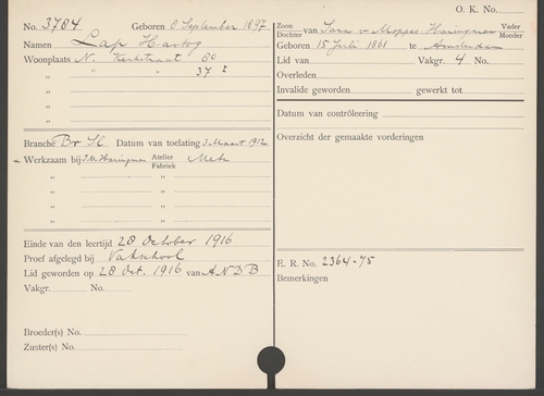 Leerlingenkaart ANDB van Hartog Lap, bron: archief ANDB via het IISG.  