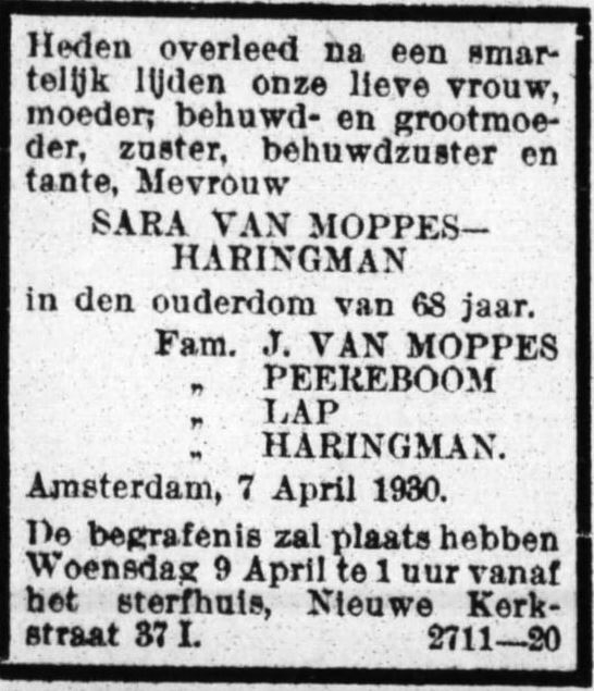 Familiebericht na het overlijden van Sara van Moppes – Haringman op 7 april 1930, bron: Het Volk van 8 april 1930  