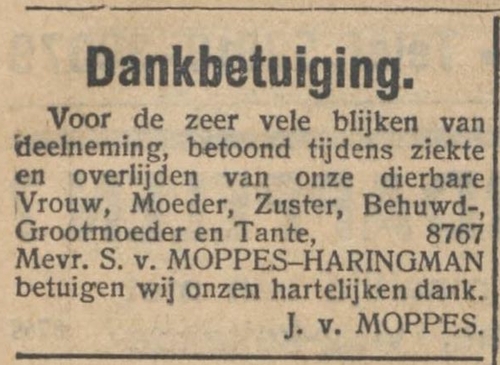 Dankbetuiging in het NIW van 9 mei 1930 na het overlijden van Sara van Moppes – Haringman  