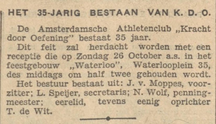 Aankondiging van het feest t.g.v. het 35 jarig bestaan van KDO, bron: Alg. Handelsblad van 24 oktober 1930.  