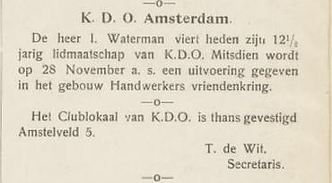 Vermelding 12 ½ jarige lidmaatschap I. Waterman plus vermelding dat clubgebouw op het Amstelveld is, bron: het tijdschrift Krachtsport van 1 aug. 1916.  