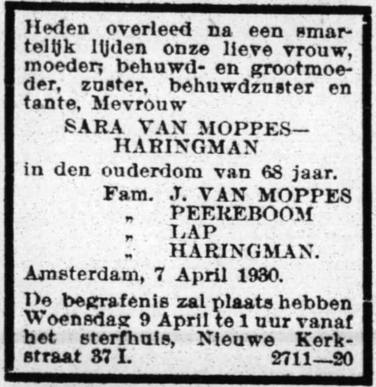 Overlijdensbericht van Sara van Moppes – Haringman, bron: Het Volk van 8 april 1930  