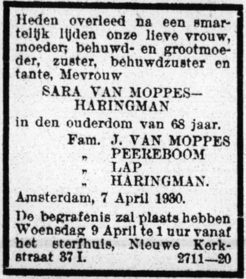 Overlijdensbericht van Sara van Moppes – Haringman, bron: Het Volk van 8 april 1930  