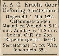 Advertentie in Krachtsport over de Oefenavonden en de locatie, bron: Krachtsport; orgaan Ned. Krachtsportbond, jrg 7, 1927.  