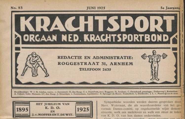 Kop van het tijdschrift Krachtsport met de aankondiging van het jubileum ban KDO en met Van Moppes en De Wit, bron: Krachtsport; orgaan Ned. Krachtsportbond, jrg 5, 1925, no. 83  