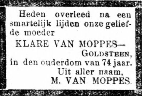 Overlijdensbericht in de krant Het Volk van Klare (Klaartje) van Moppes – Goldsteen, bron: Het Volk van 14 december 1904  