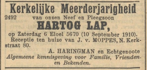 Bericht over de kerkelijke meerderjarigheid van pleegzoon Hartog Lap, zoon uit eerste huwelijk van Sara van Moppes – Haringman. Bron: het NIW van 2 september 1910  