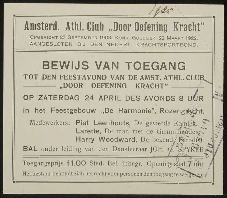 Bewijs van uitnodiging van de vereniging D.O.K., Bron: SAA – Archief Amsterdam Sport, inv.nr. 30581 – 42  