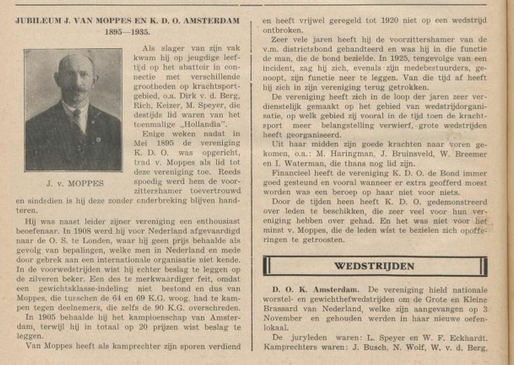 Artikel over het dubbele jubileum van KDO en Jacob van Moppes, bron: Krachtsport; orgaan Ned. Krachtsportbond, jrg 16, 1935, no. 190  